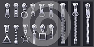 Zipper pulls. Metal zippers and fabric pull, cloth clasp and clothing zipper isolated 3d realistic vector set