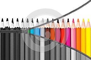 Zipper revealing colorful pencils, from black and white to colors, rainbow concept