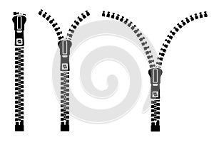 Zipper sign set silhouette. Set of close and open zip with fastener. Zipper buttoned, lock and unlock â€“ vector
