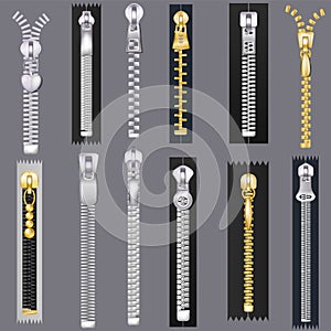 Zipper vector zip slide-fastener for clothing and closed metal fastener lock illustration set of unzip cloth accessory