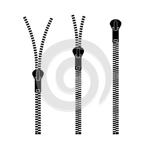 Zippers type set fastener. Metallic closed and open zippers and pullers. Vector illustration