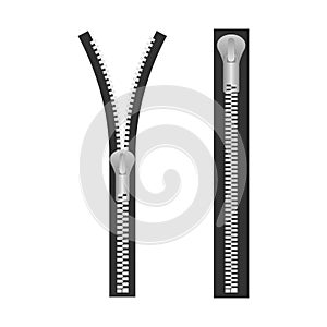 Zippers type set fastener. Metallic closed and open zippers and pullers. Vector illustration