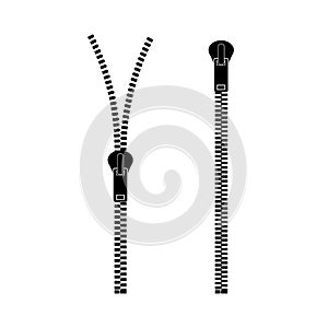 Zippers type set fastener. Metallic closed and open zippers and pullers. Vector illustration