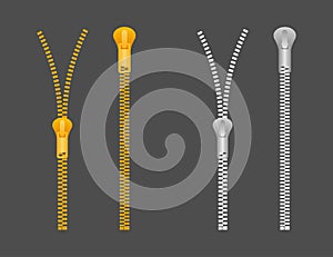 Zippers type set fastener. Metallic closed and open zippers and pullers. Vector illustration