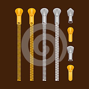 Zippers type set fastener. Metallic closed and open zippers and pullers. Vector illustration