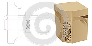 Zipping chamfered corner box with stenciled pattern die cut template and 3D mockup