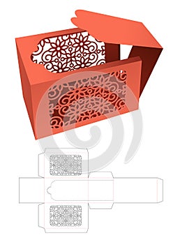 Zipping rectangular box with stenciled pattern die cut template and 3D mockup