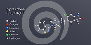 ziprasidone molecule 3d rendering, flat molecular structure with chemical formula and atoms color coding photo