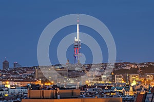 The Zizkov TV Tower in Prague at dusk