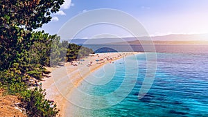 Zlatni Rat (Golden Cape or Golden Horn) famous turquoise beach in Bol town on Brac island, Dalmatia, Croatia. Zlatni Rat sandy