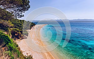 Zlatni Rat (Golden Cape or Golden Horn) famous turquoise beach in Bol town on Brac island, Dalmatia, Croatia. Zlatni Rat sandy