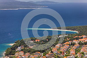 Zlatni Rat Golden Cape or Golden Horn famous turquoise beach in Bol town on Brac island, Dalmatia, Croatia. Zlatni Rat sandy