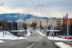 Zlin city with street, housing estate South slope and hill