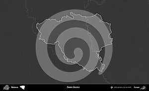 Zlobin District highlighted, Belarus. Grayscale