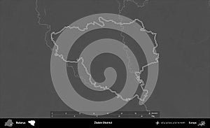 Zlobin District outlined, Belarus. Grayscale