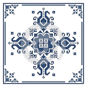 Zmijanje retro embroidery style vector design in square border with flowers  - traditional folk art design from Bosnia and Herzego