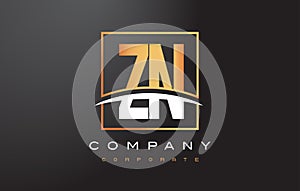 ZN Z N Golden Letter Logo Design with Gold Square and Swoosh.