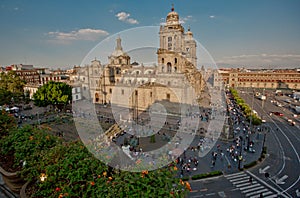 The zocalo in mexico city with the cathedral and giant flag in the centre