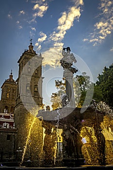 Arcangel Fountain Zocalo Park Plaza Cathedral Sunset Puebla Mexico photo