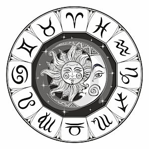 Zodiac. Astrological symbol. Horoscope. The sun and the moon. Astrology. Mystical. Coloring. Vector