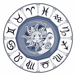 Zodiac. Astrological symbol. Horoscope. The sun and the moon. Astrology. Mystical. Vector