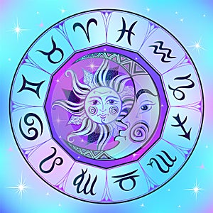 Zodiac. Astrological symbol. Horoscope. The sun and the moon. Astrology. Mystical. Vector.