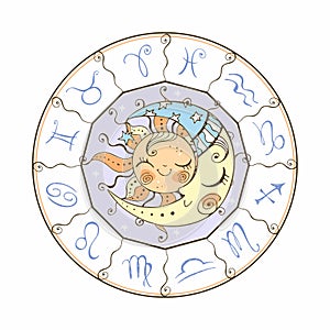Zodiac. Astrological symbol. Horoscope. The sun and the moon. Astrology. Mystical. Vector