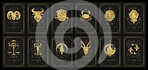 Zodiac astrology horoscope cards linocut silhouettes design vector illustrations set photo