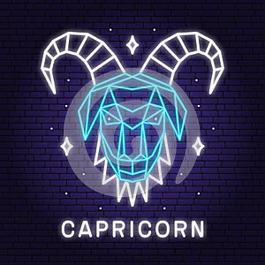 Zodiac astrology horoscope neon sign capricorn linear design. Vector illustration. Elegant line art symbol or icon of