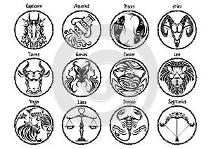 Zodiac Astrology horoscope prophecy sign set design and typography with motif black  illustration doodle tattoo style with white b photo