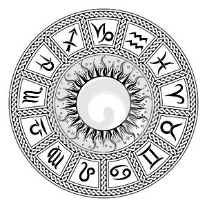 Zodiac circle with astrological symbols.