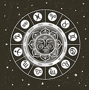 Zodiac circle with horoscope signs.Hand drawn illustration