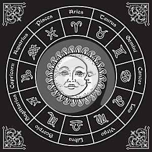 Zodiac circle with horoscope signs, sun and moon hand drawn vintage style vector illustration design.