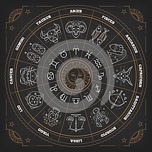 Zodiac circle with horoscope signs. Thin line vector design. Astrology symbols and mystic signs.