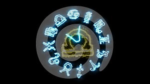 Zodiac circle rotate change color to zodiac sign and glow blink both appear and faded, finally show all 12 sign in red border