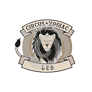 Zodiac Circus Emblem. Leo sign. Circus lion star label