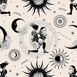 Zodiac constellation Aquarius. Seamless pattern. The zodiac constellation Pisces. Seamless pattern.