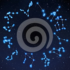 Zodiac constellation arranged at circle on stars field universe background