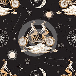 The zodiac constellation Gemini. Seamless pattern. The symbol of the astrological horoscope.