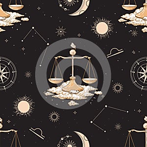 Zodiac constellation Libra. Seamless pattern. Black background with constellations, sun, moon and stars.