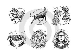 Zodiac constellation signs. Astrological symbols. Illustrations of horoscope. Magic female characters, Boho design. Hand