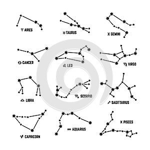 Zodiac constellation. Stars augury, astrology horoscope symbols. Taurus scorpion aries star sign in sky. Astrological