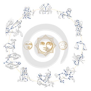 Zodiac constellations with drawn astrological symbols in engraving style. Vector horoscope signs with Sun,Moon,Crescent.