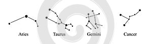 Zodiac constellations signs set vector. Constellations, collection of zodiac signs with names.