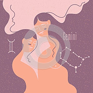 Zodiac esoteric vector sign Gemini with tender mystic woman in a pink palette. Modern creative design
