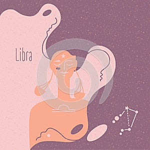 Zodiac esoteric vector sign Libra with tender mystic woman in a pink palette. Modern creative design