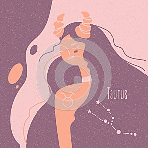 Zodiac esoteric vector sign Taurus with tender mystic woman in a pink palette. Modern creative design