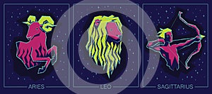 Zodiac Fire Signs. Aries, Leo, Sagittarius.