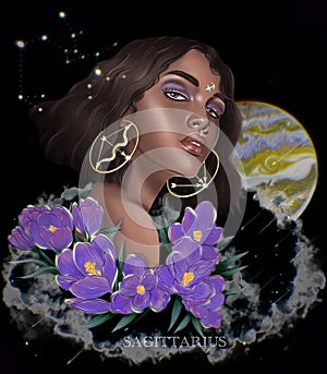 Zodiac flowers girl in vintage style. Abstract love symbol. Fashion concept. Vintage style. Digital illustation. Sagittarius