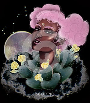 Zodiac flowers girl in vintage style. Abstract love symbol. Fashion concept. Vintage style. Digital illustation. Scorpio zodiac